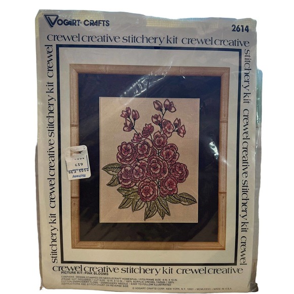 New Vintage 1970 Vogart Crafts Crewel Kit Pink Blooms Kit No 2614 Crewel - Picture 1 of 4